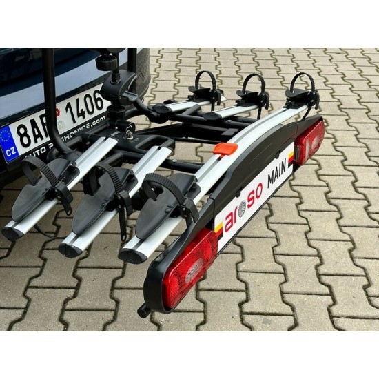 Suport de transport pentru 3 biciclete electrice AROSO Main 3 Silver, pliabil, pridere pe carlig de remorcare Suport de transport pentru 3 biciclete electrice AROSO Main 3 Silver, pliabil, pridere pe carlig de remorcare