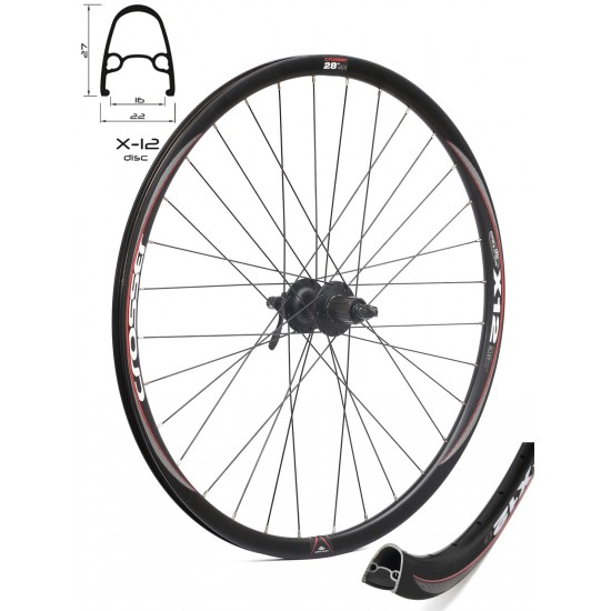 Roata CROSSER X12 32H 28 Spate QR Disc Caseta capsata butuc SHIMANO HM475 Negru Roata spate CROSSER X12 32H 28 Caseta, QR - Frana disc (6 suruburi) cu butuc SHIMANO M475